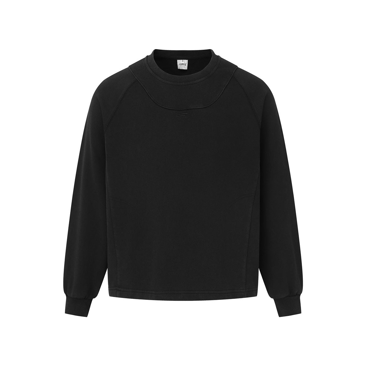 Black crewneck raglan-sleeve sweatshirt flat lay, front view, with layered yoke seam and ribbed cuffs