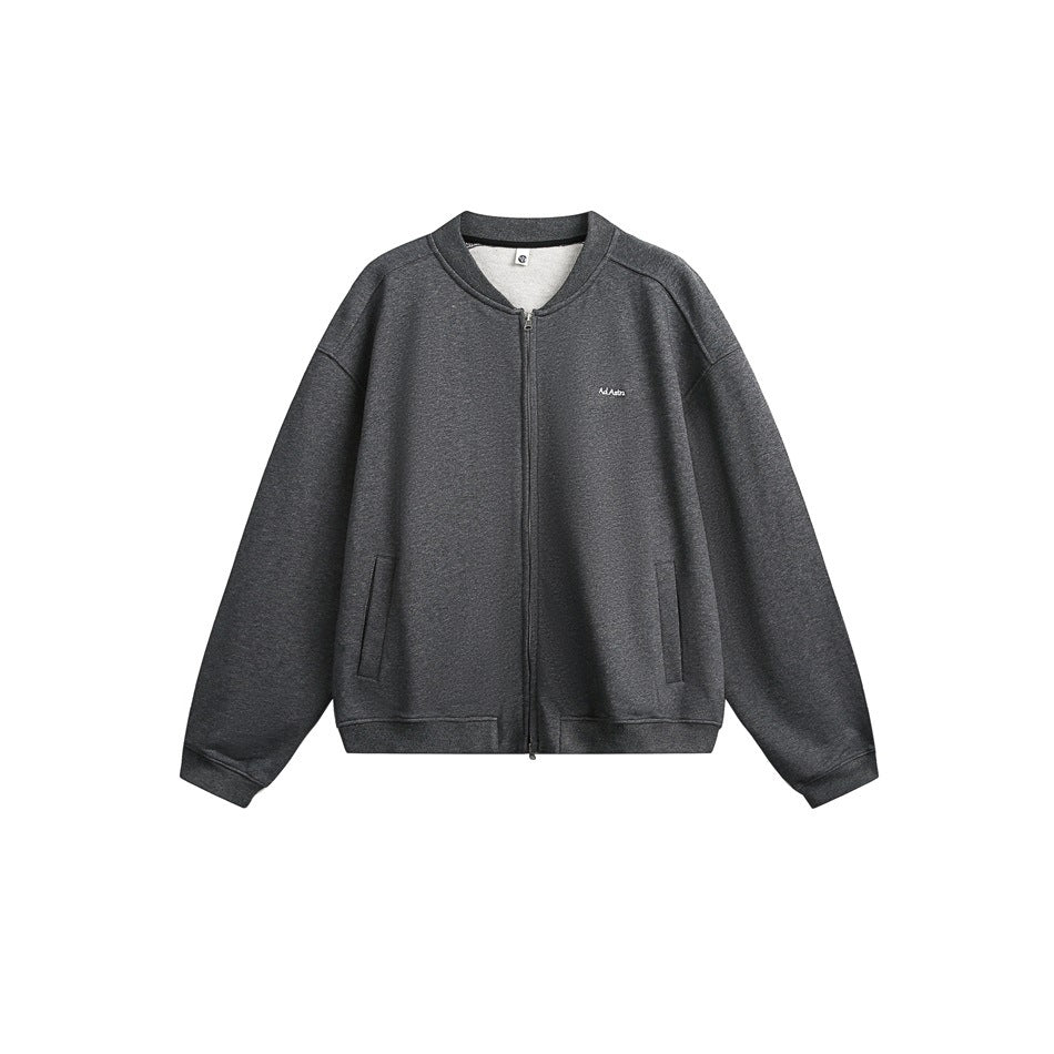 Dark heather gray zip-front bomber jacket flat lay with small embroidered chest mark and ribbed trims