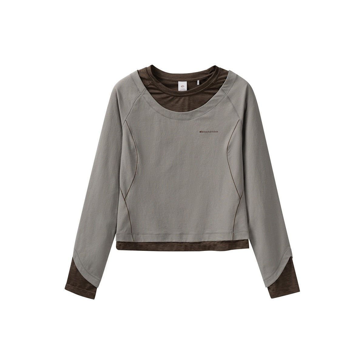 Light gray long-sleeve layered-look top with brown inner layer at neckline, hem and cuffs, flat lay front