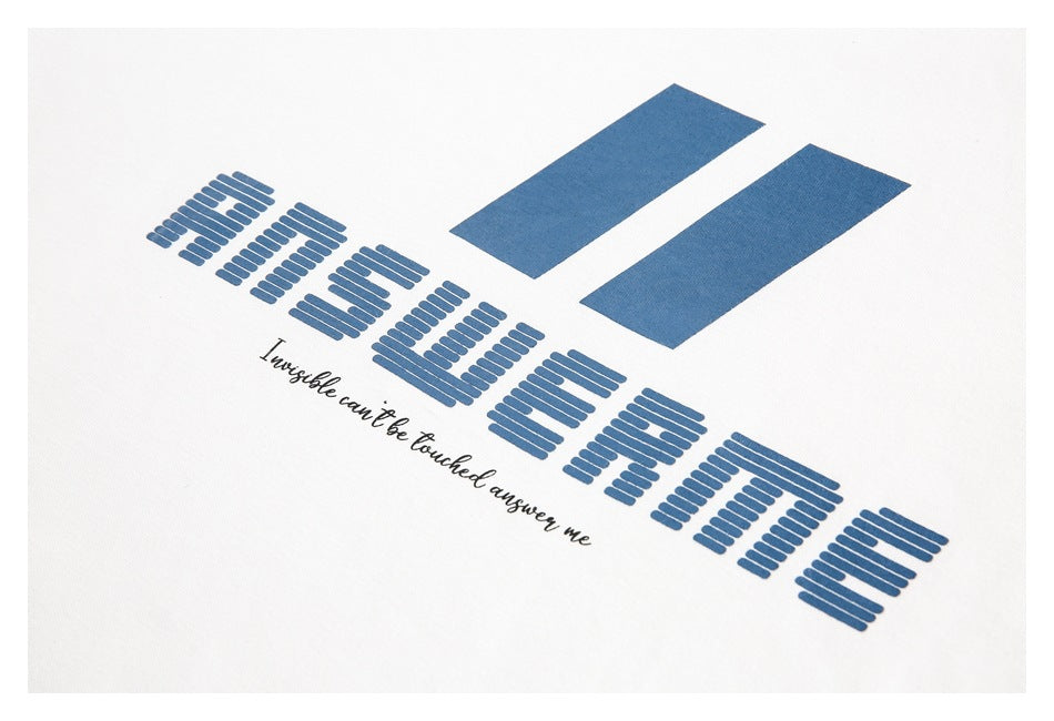 Close-up of a blue graphic and English slogan printed on white garment fabric.