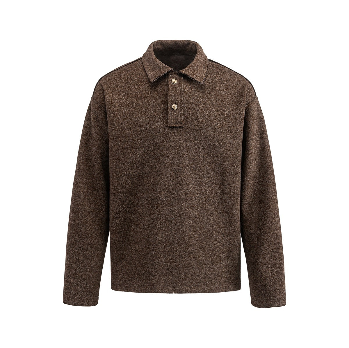 Brown heathered long-sleeve polo-collar pullover with two gold-tone buttons, front view on a white background