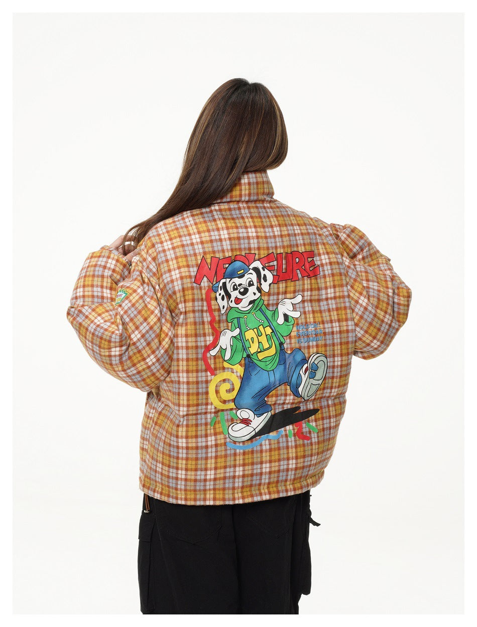 Back view of the orange plaid puffer jacket with a large colorful cartoon graphic and English lettering.