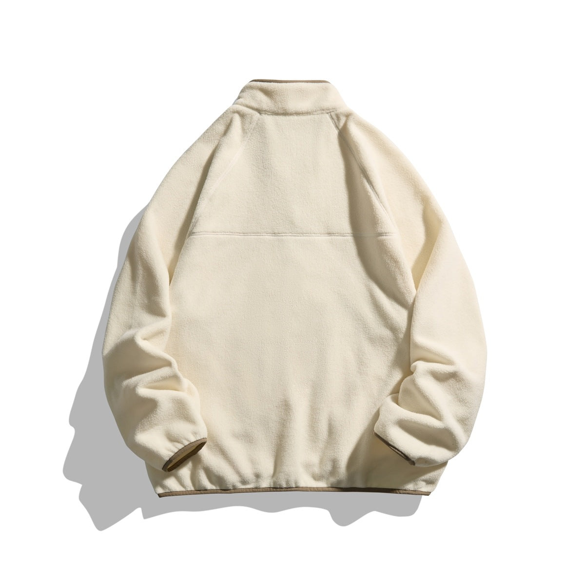Back view of a cream stand-collar fleece jacket with long sleeves and a horizontal upper-back seam.
