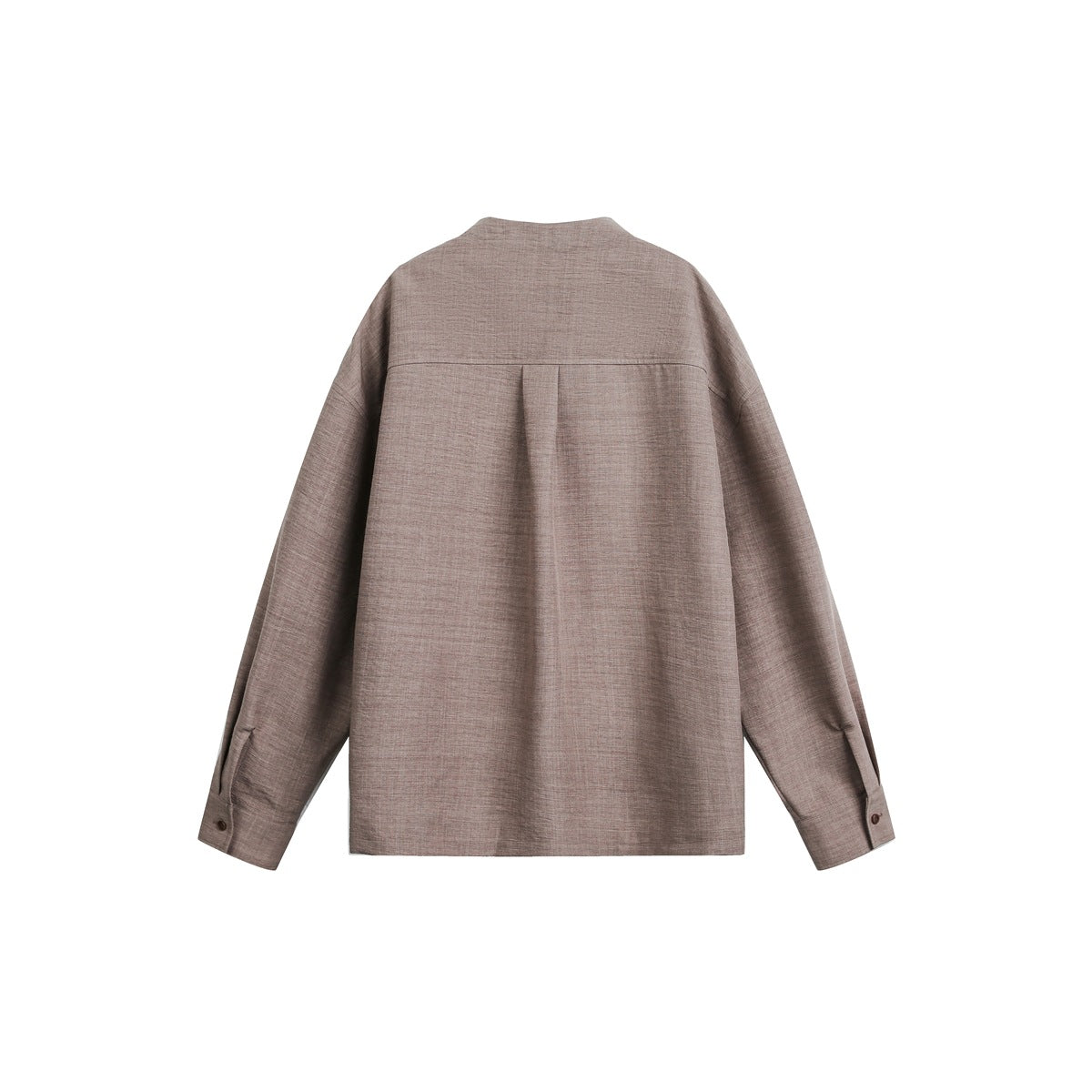 Back view of a taupe long-sleeve shirt with a short stand collar, center pleat and buttoned cuffs.