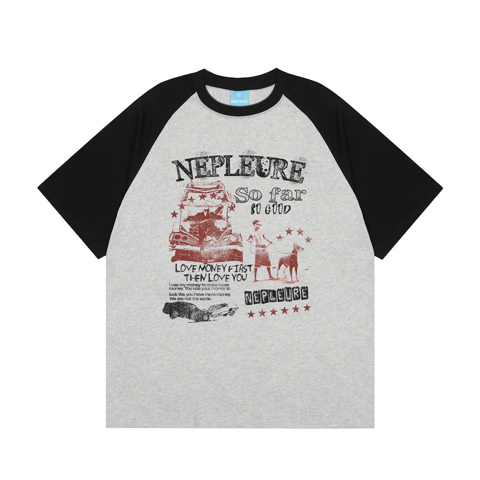 Heather gray raglan T-shirt with black sleeves and collar and a vintage car and dog graphic on the front