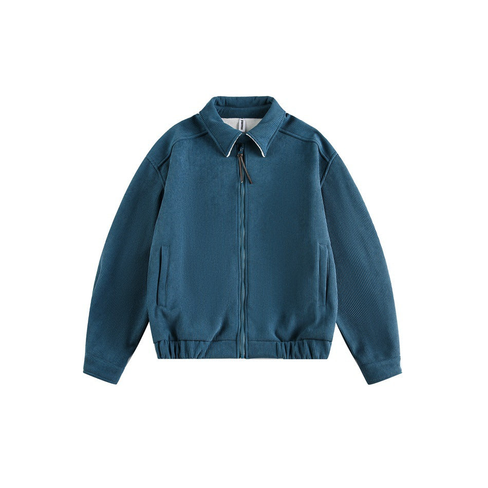 Blue ribbed corduroy-style zip jacket with pointed collar, side pockets and elastic hem, flat front view