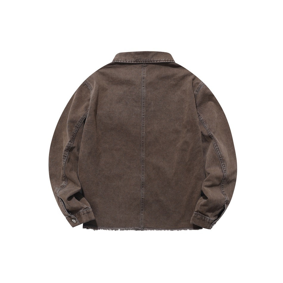 Back view of brown washed shirt jacket with center back seam and frayed hem