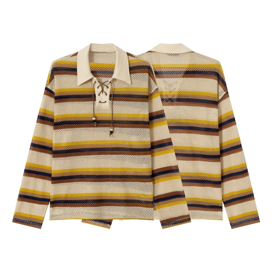 Cream open-knit sweater shown from front and back, with yellow, brown, and navy horizontal stripes and a lace-up collar.