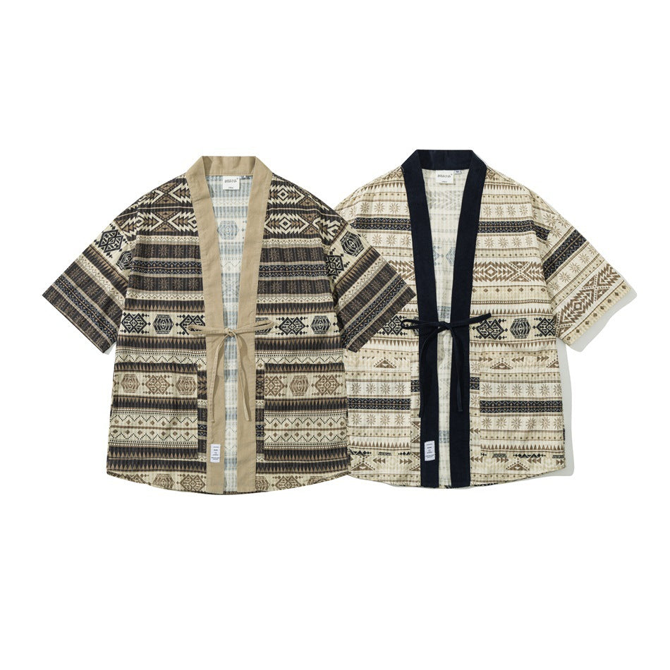 Two short-sleeved open-front shirts with geometric prints, one with a tan trim and one with navy trim.