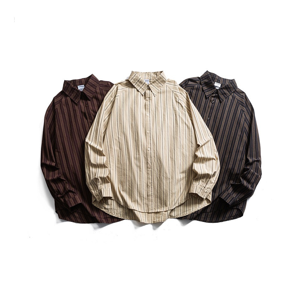 Three flat-lay button-up shirts in burgundy, beige, and charcoal, each with vertical stripes.