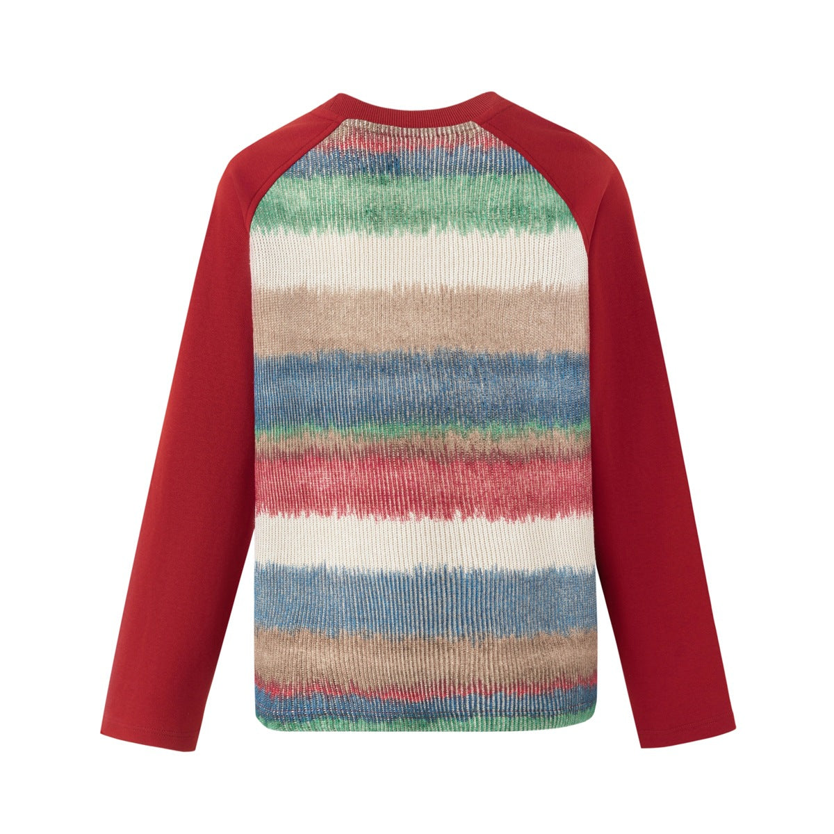 Back view of a sweater with red raglan sleeves and a cream knit body patterned in multicolor horizontal stripes.