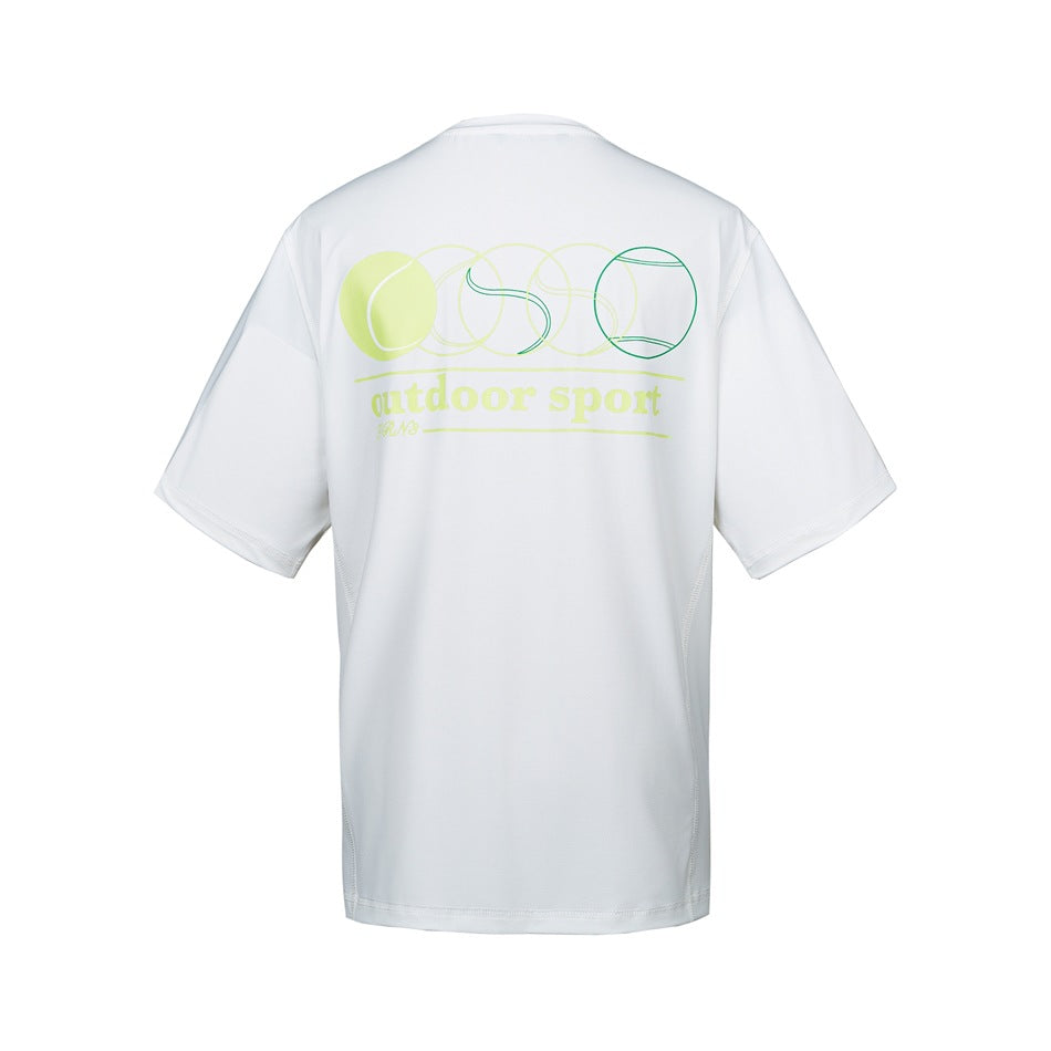 White short-sleeve crew neck T-shirt back with yellow-green tennis ball graphic and 'outdoor sport' text