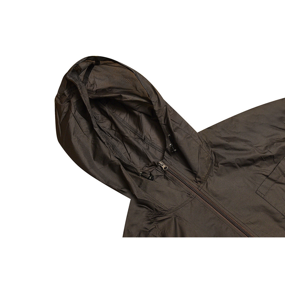 Close-up of a dark jacket hood, adjustable drawcords, and front zipper against a white background.