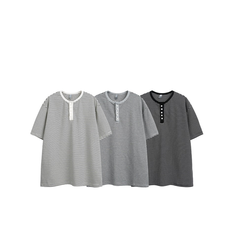 Three short-sleeve striped henleys shown together in off-white, gray, and black colorways.