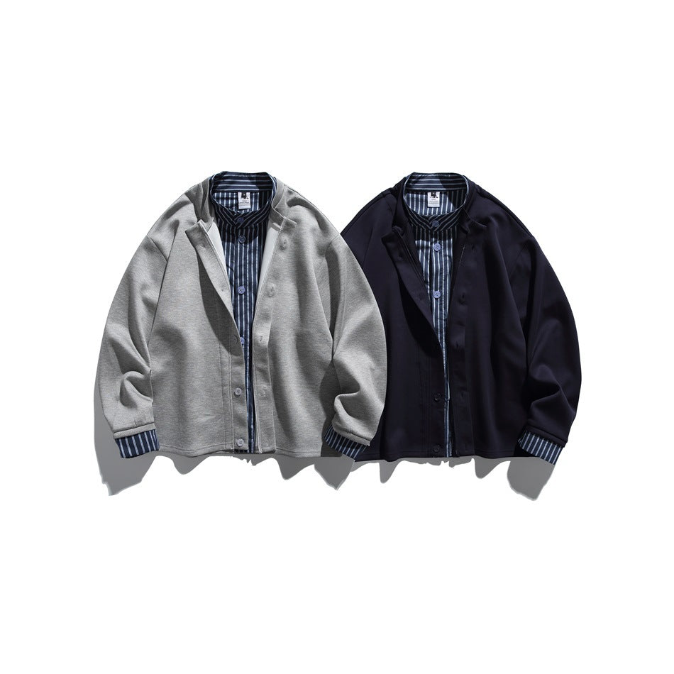 Gray and navy layered button-front jackets with striped collar and cuffs shown side by side, flat lay