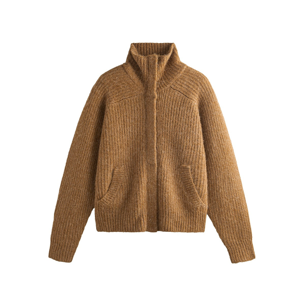 Khaki chunky ribbed knit cardigan with stand collar, front placket, raglan sleeves and front pockets, flat lay front view