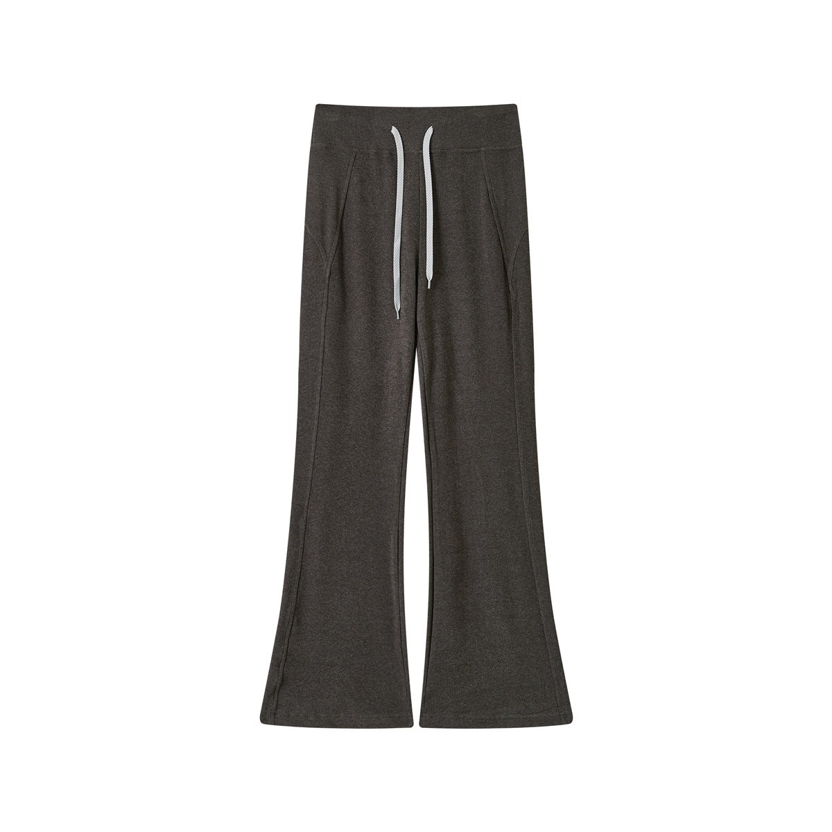 Dark gray flared pants with ribbed waistband and white drawstring, front flat view