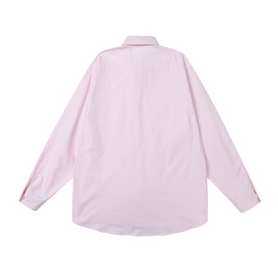 Back view of a pink pinstripe long-sleeve shirt with a back yoke and curved hem, flat lay