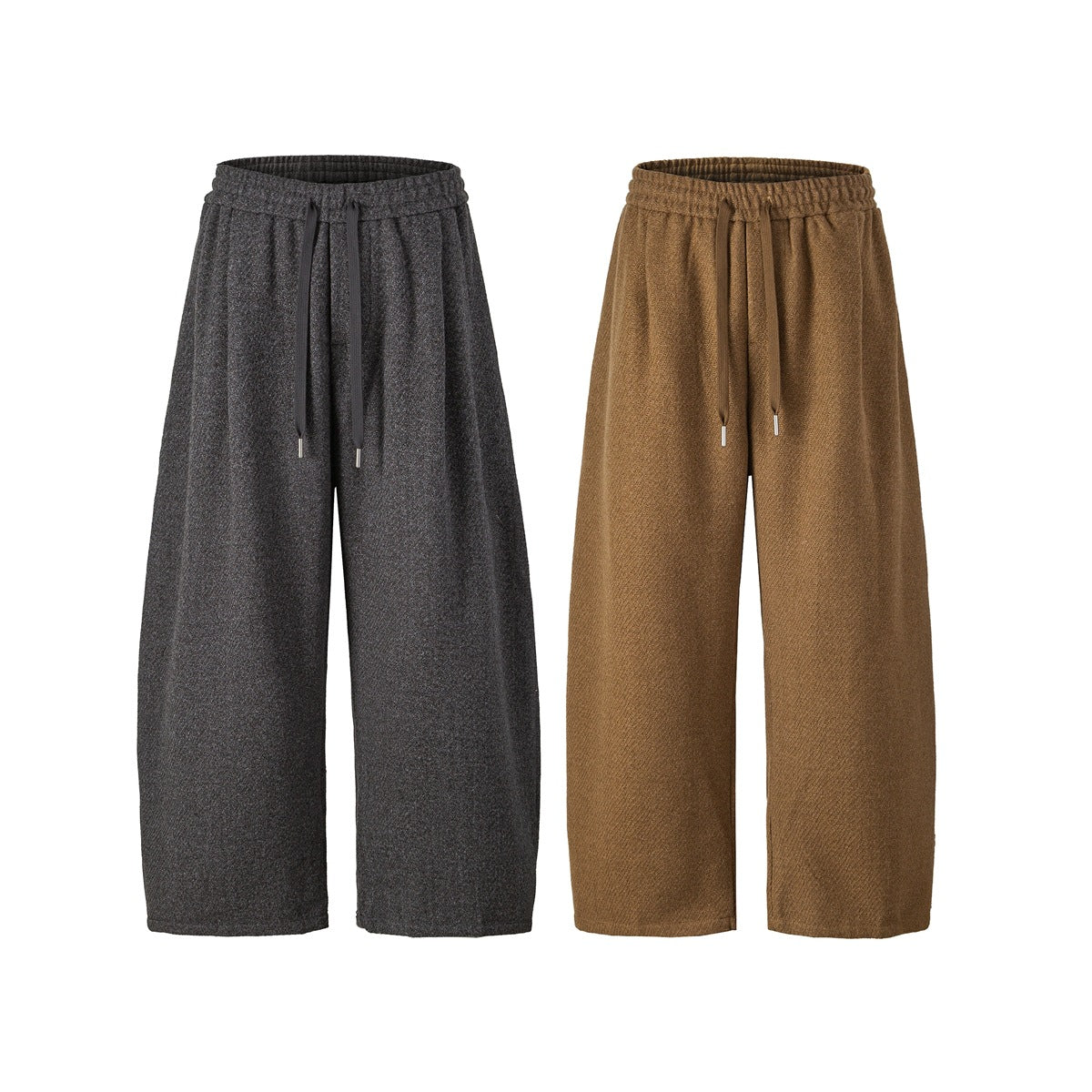 Front view of wide-leg drawstring pants in charcoal gray and tan.