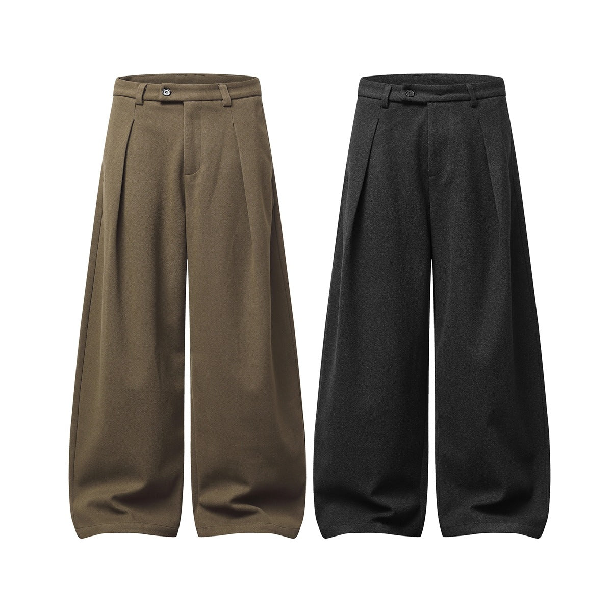 Front view of wide-leg pleated trousers in olive brown and charcoal, shown side by side.
