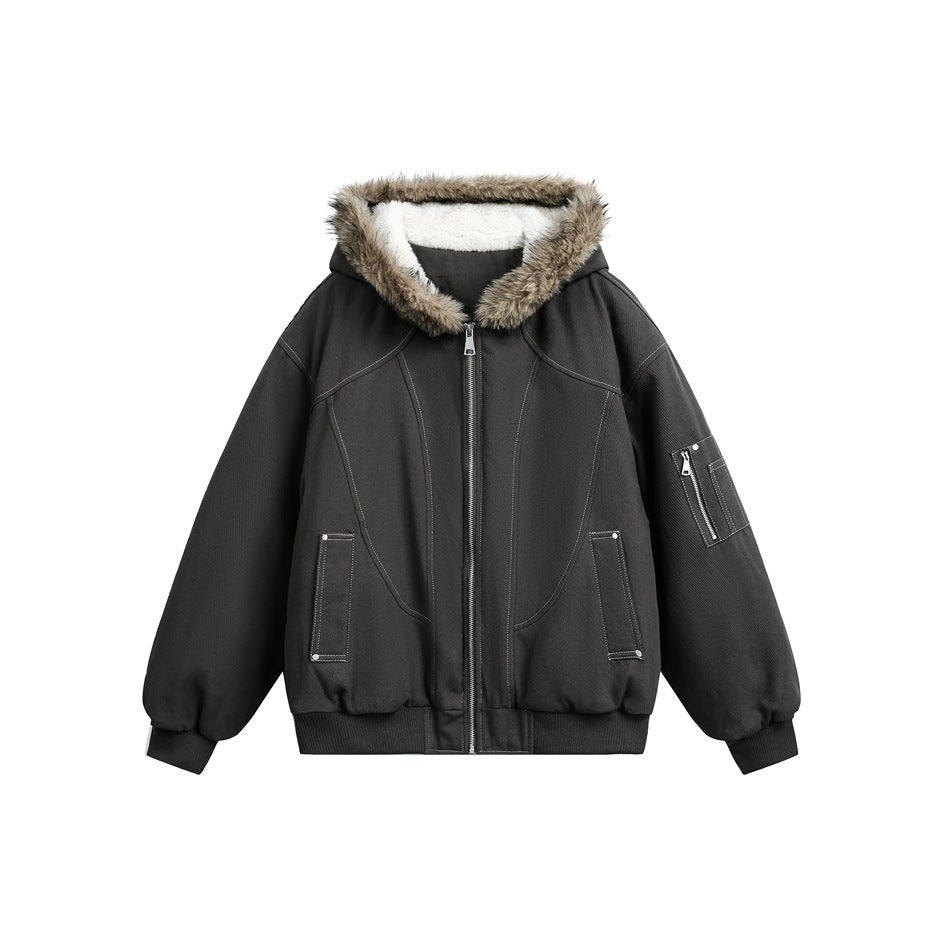 Dark gray hooded zip jacket with fur-look hood trim, cream fleece-like lining, topstitching and sleeve zip pocket