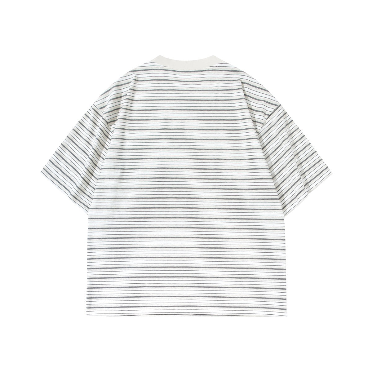 Back view of an ivory T-shirt with fine gray horizontal stripes and a light crew neck.