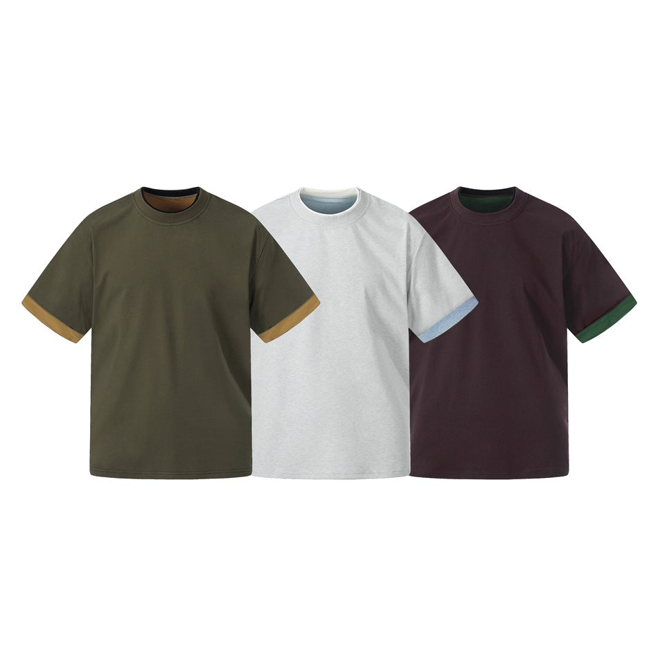 Three short-sleeve crew-neck T-shirts: olive with ochre cuffs, light gray with blue cuffs, and plum with green cuffs.