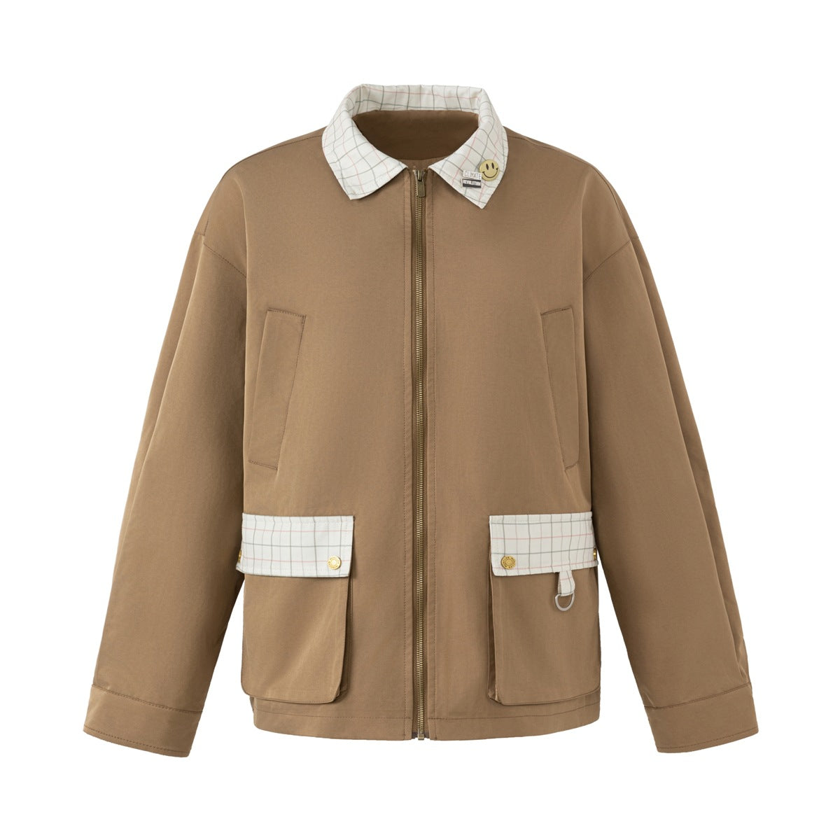 Khaki zip-front jacket with checked collar, checked flap pockets, gold snaps and a smiley pin, flat front view