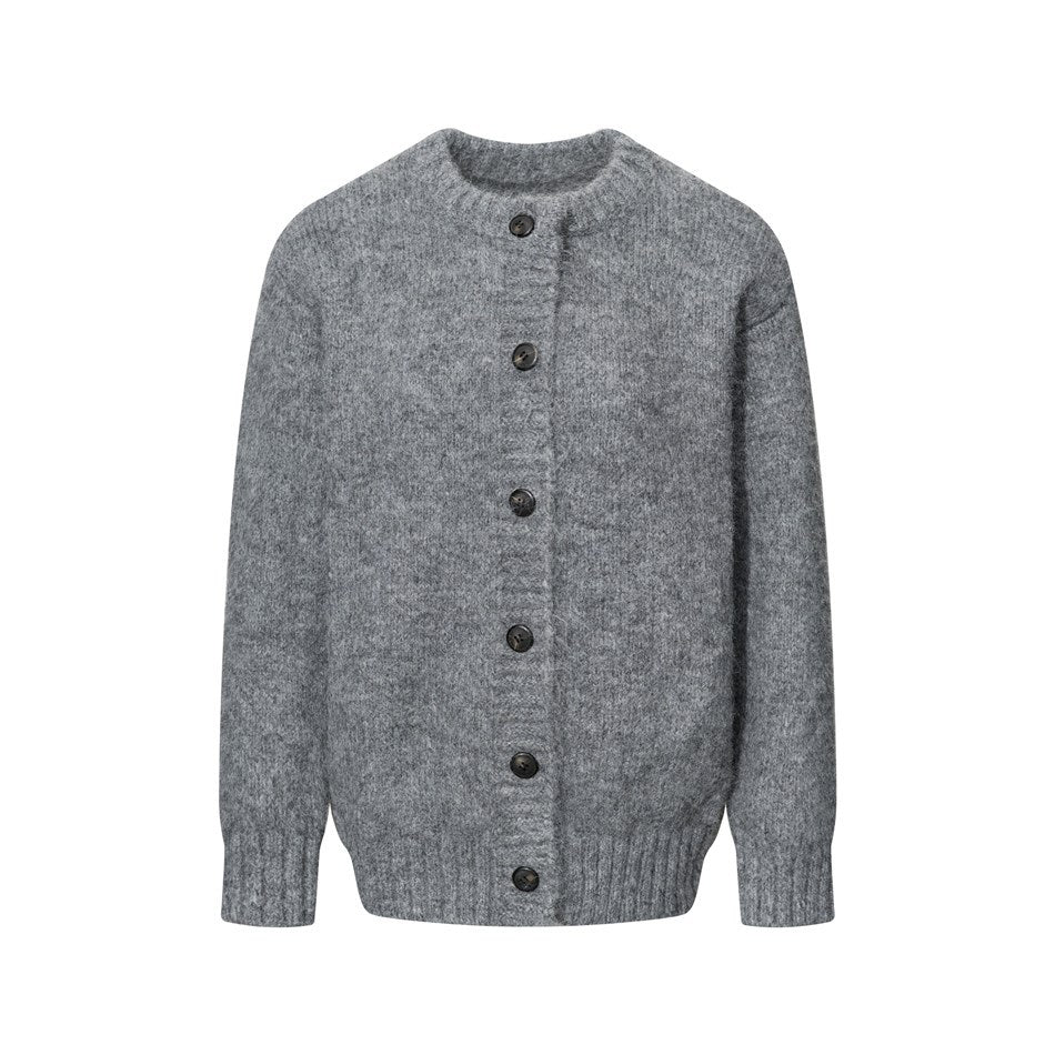Gray knit cardigan with round neck, ribbed cuffs and hem, and six dark buttons, flat front view on white