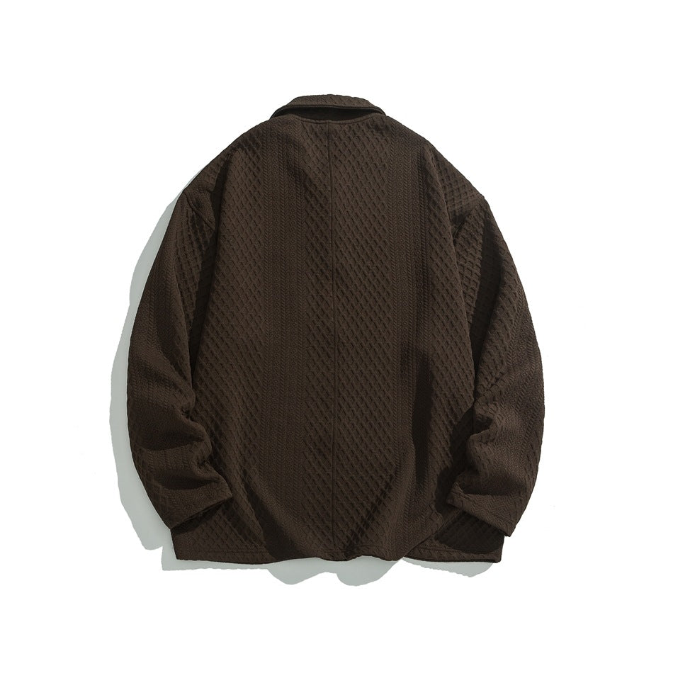 Back view of a dark brown long-sleeve collared shirt with a raised geometric texture.