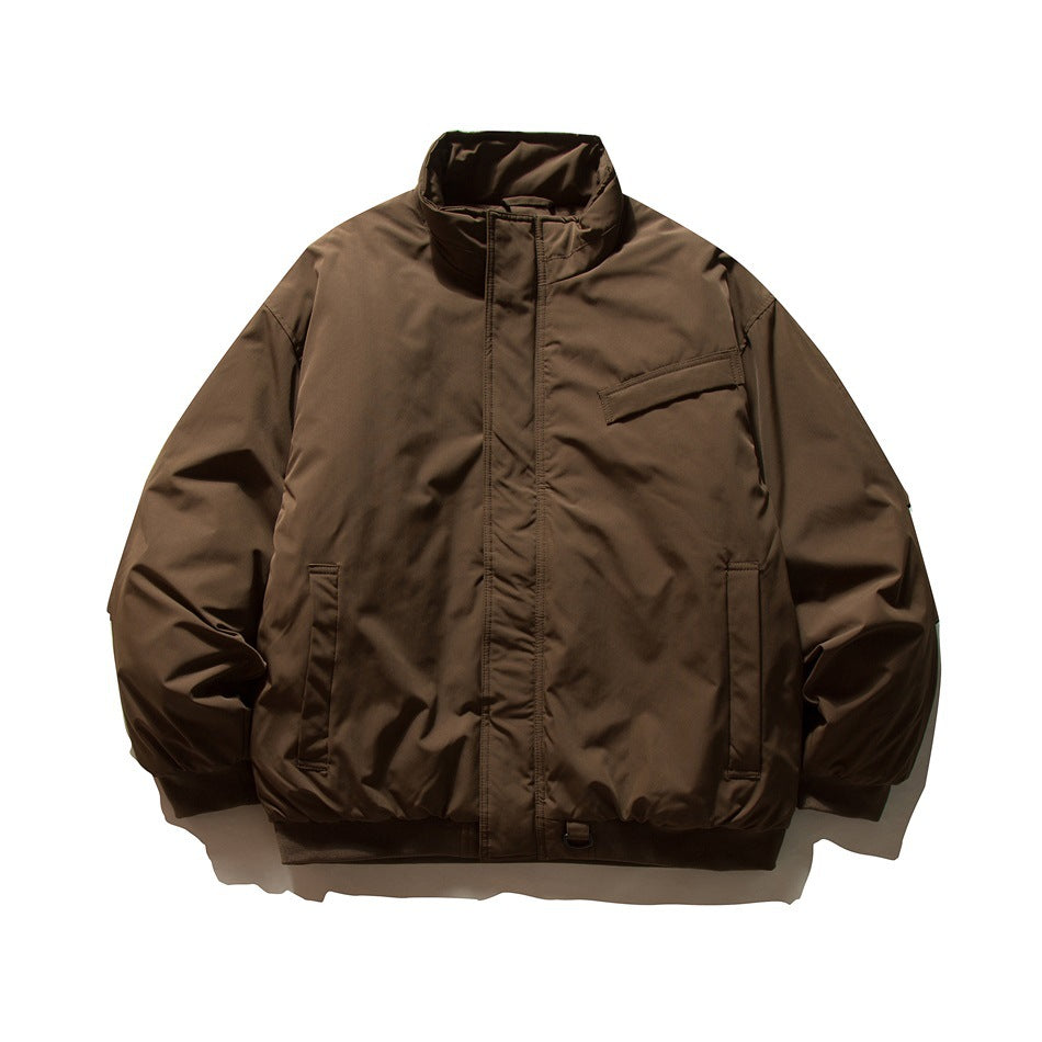 Coffee brown padded-look bomber jacket with stand collar, front zip and ribbed hem, flat lay front view