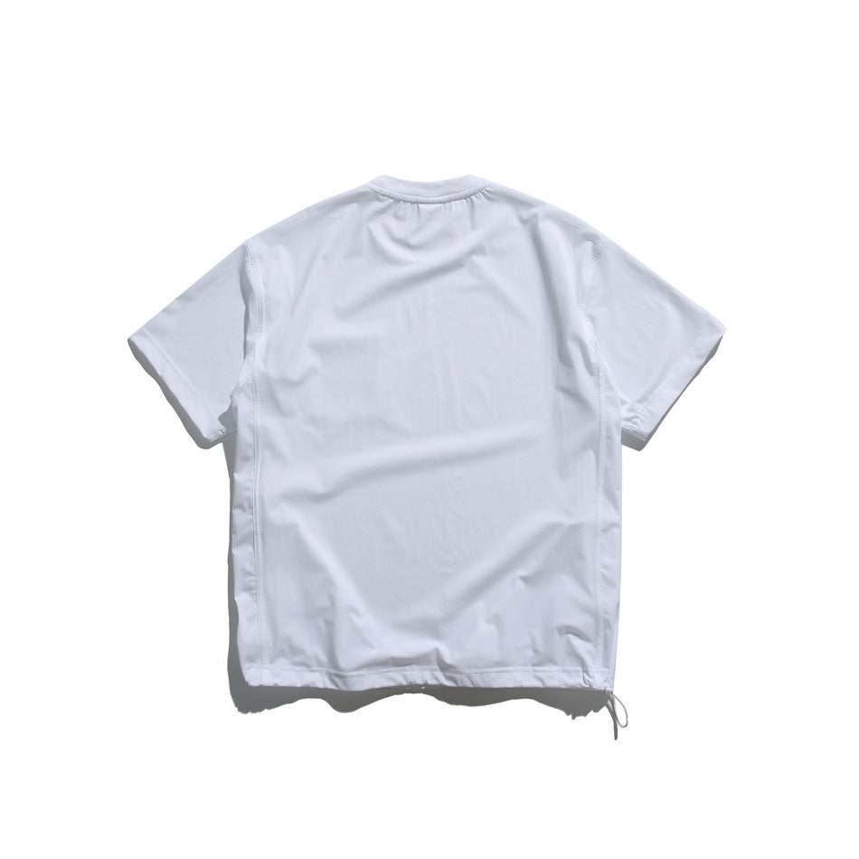 Back view of a plain white short-sleeve shirt laid flat, with a loose drawcord at the lower hem.