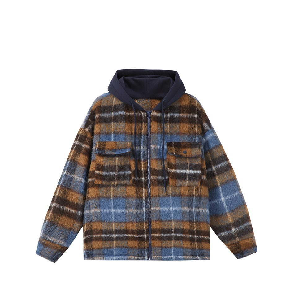 Front of a brown, blue and dark plaid hooded jacket with a zip closure and two flap chest pockets.