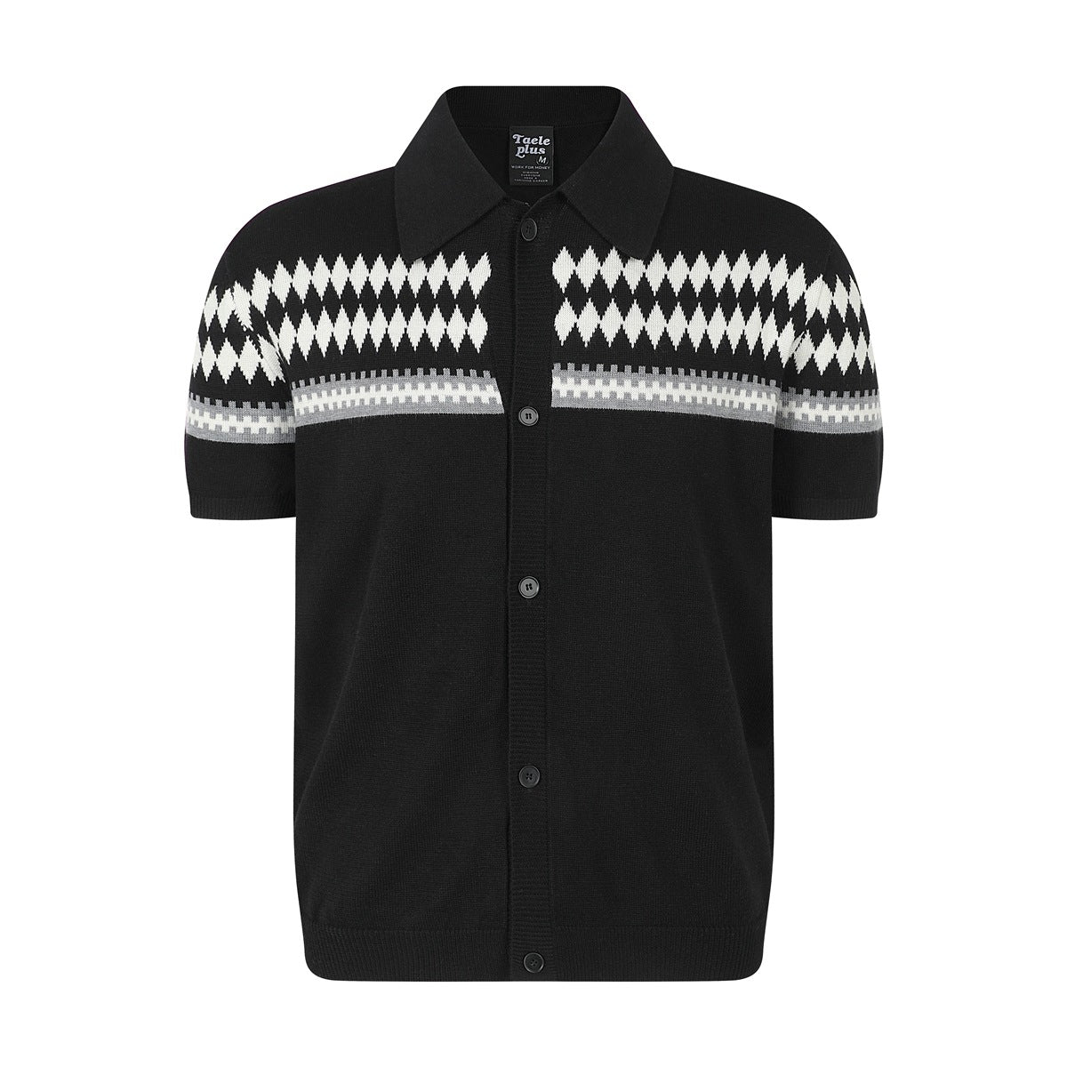 Black knit short-sleeve button-front top with collar and black, white and gray diamond jacquard band across chest