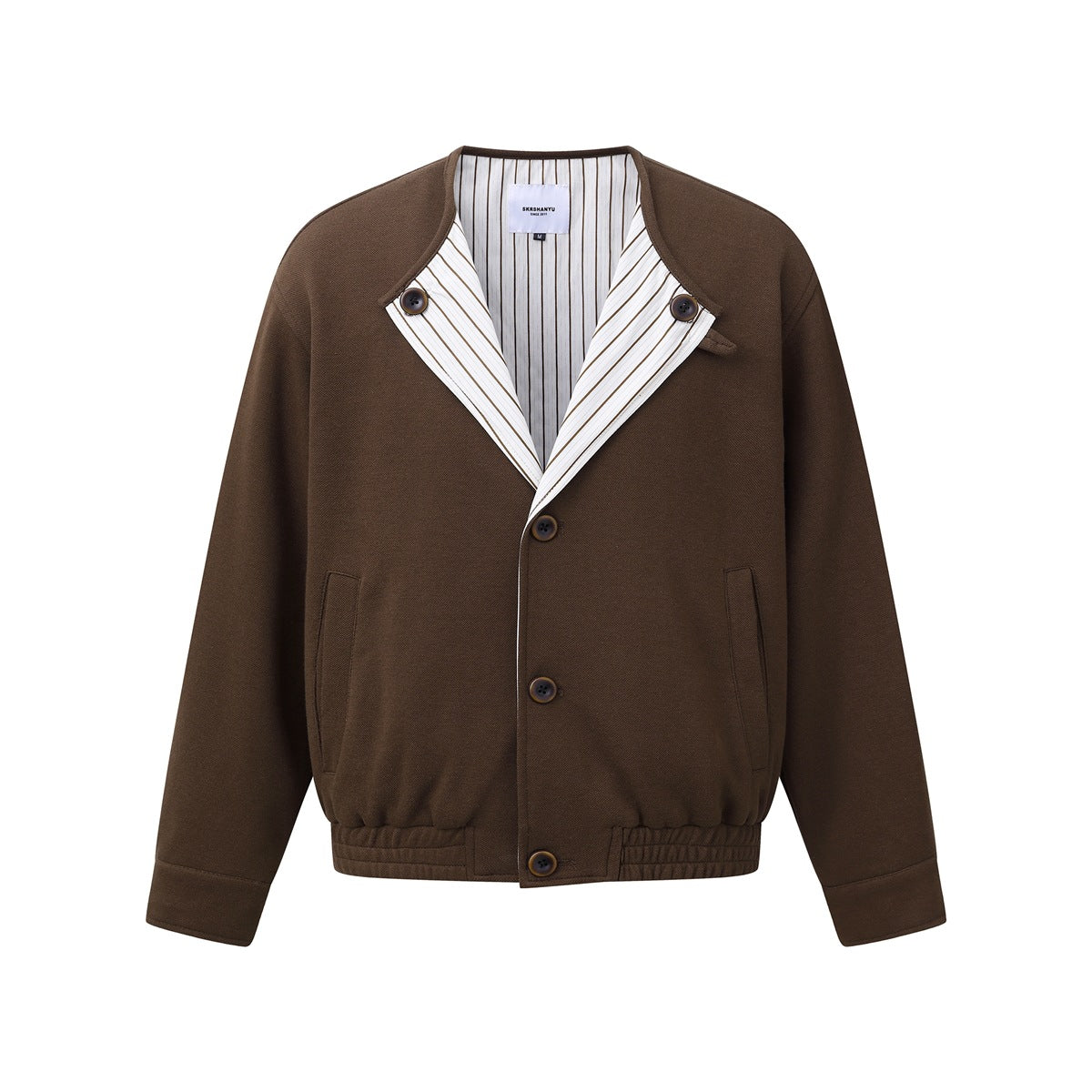 Coffee brown collarless button-front jacket with striped inner lining, front pockets and elastic hem, flat front view