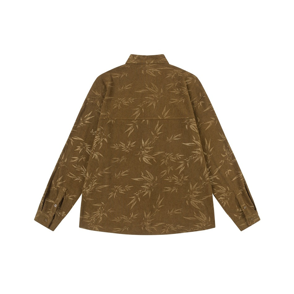 Back view of a brown long-sleeved jacket with a lighter bamboo-leaf pattern and stand collar.