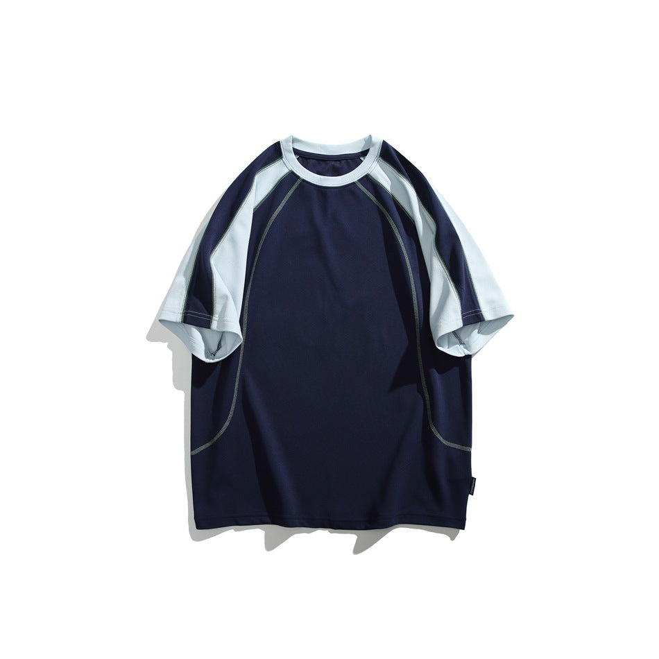 Navy short-sleeve raglan T-shirt with pale blue sleeves and neckband and gray-green contrast stitching, flat front view
