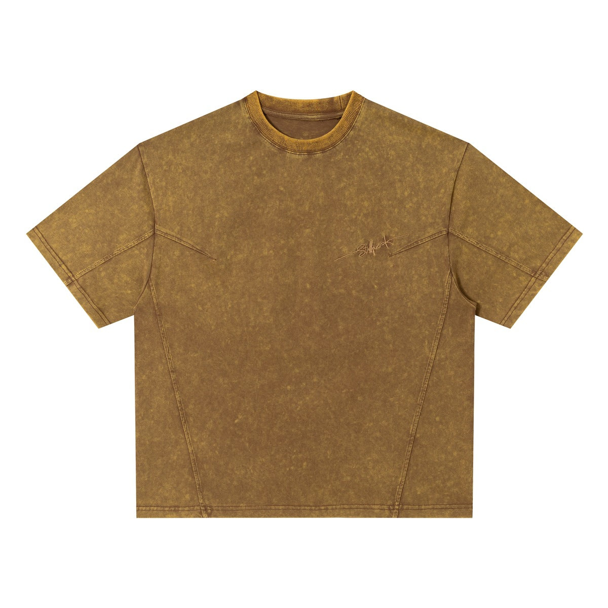 Washed brown-mustard short-sleeve crew-neck T-shirt with panel seams and tonal embroidered script on the chest