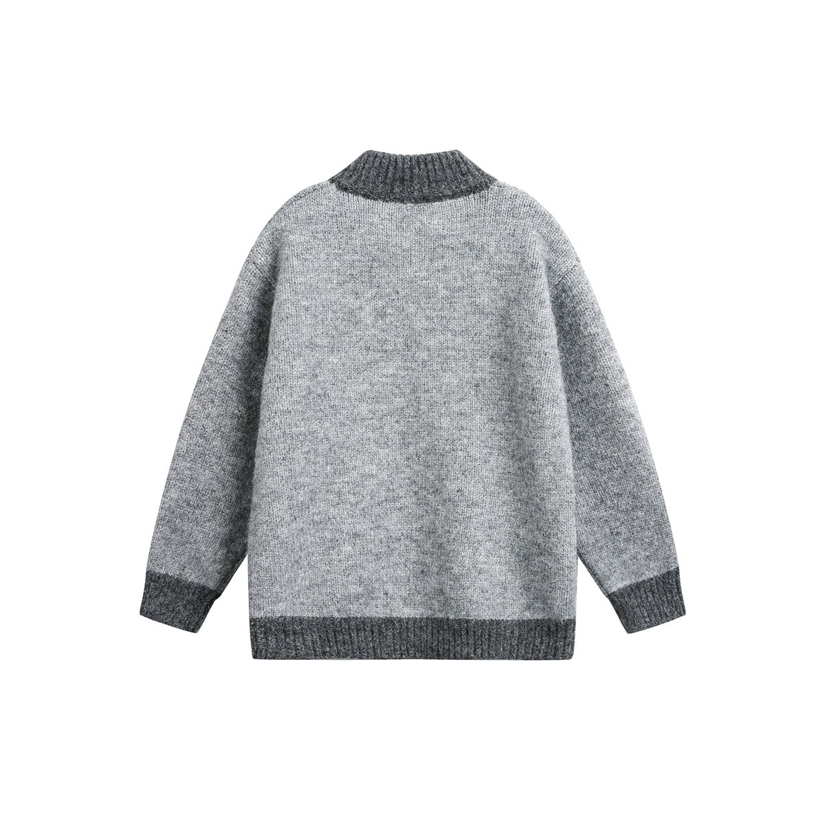 Back view of a light gray cardigan with darker gray ribbed collar, cuffs and hem, shown flat against white.