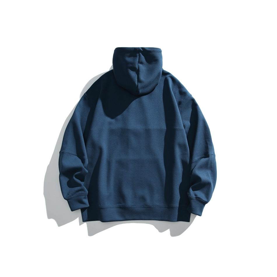 Back view of a dark navy hooded sweatshirt displayed against a white background.