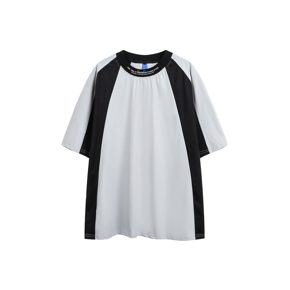 Light gray short-sleeve T-shirt with black side panels, black collar band and contrast stitching, flat front view
