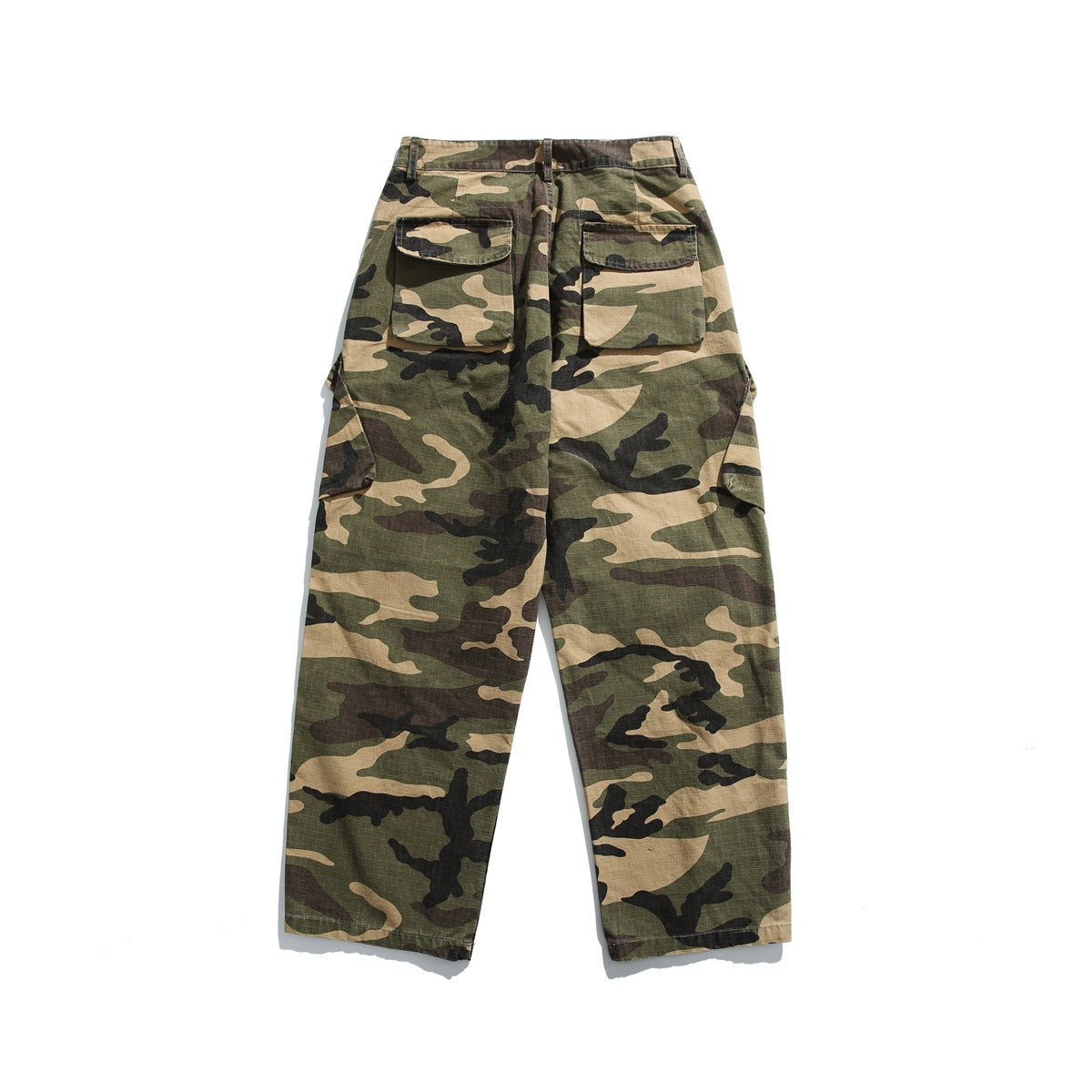 Full back view of loose-fit camouflage cargo pants with two rear flap pockets and side cargo pockets.