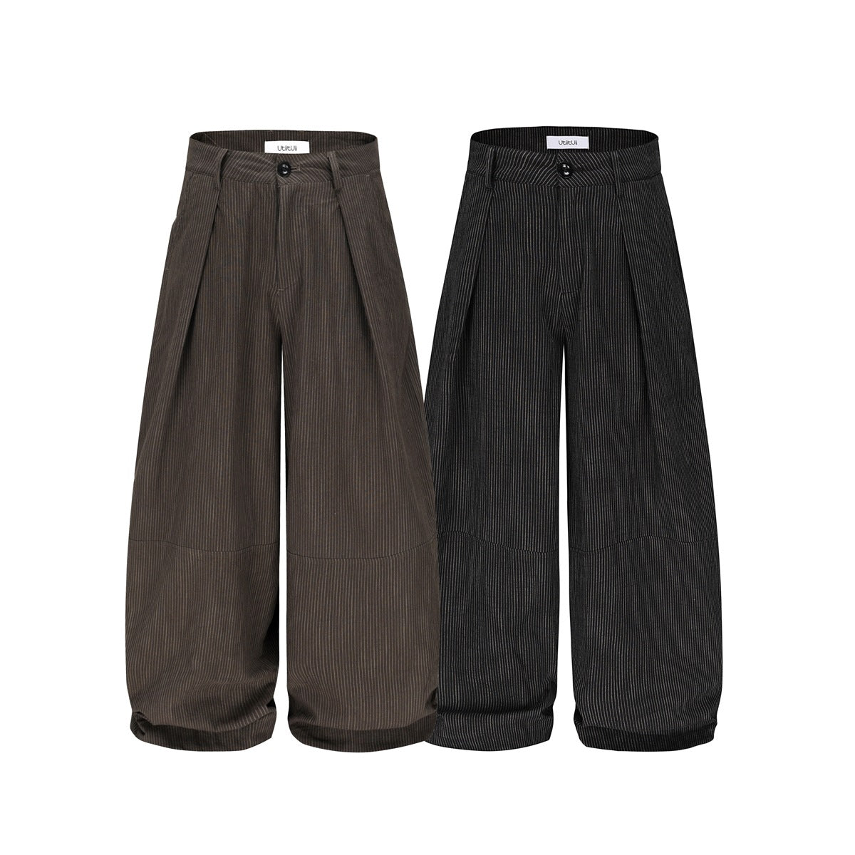 Two pairs of wide-leg pinstriped trousers shown from the front in brown and black.