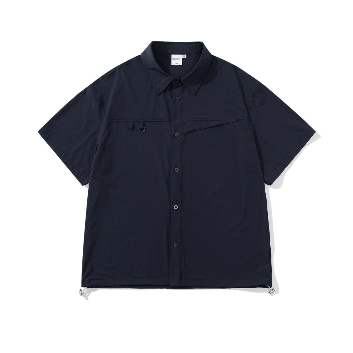 Navy short-sleeve button-up shirt with pointed collar, diagonal chest pocket, metal ring detail and drawcord hem
