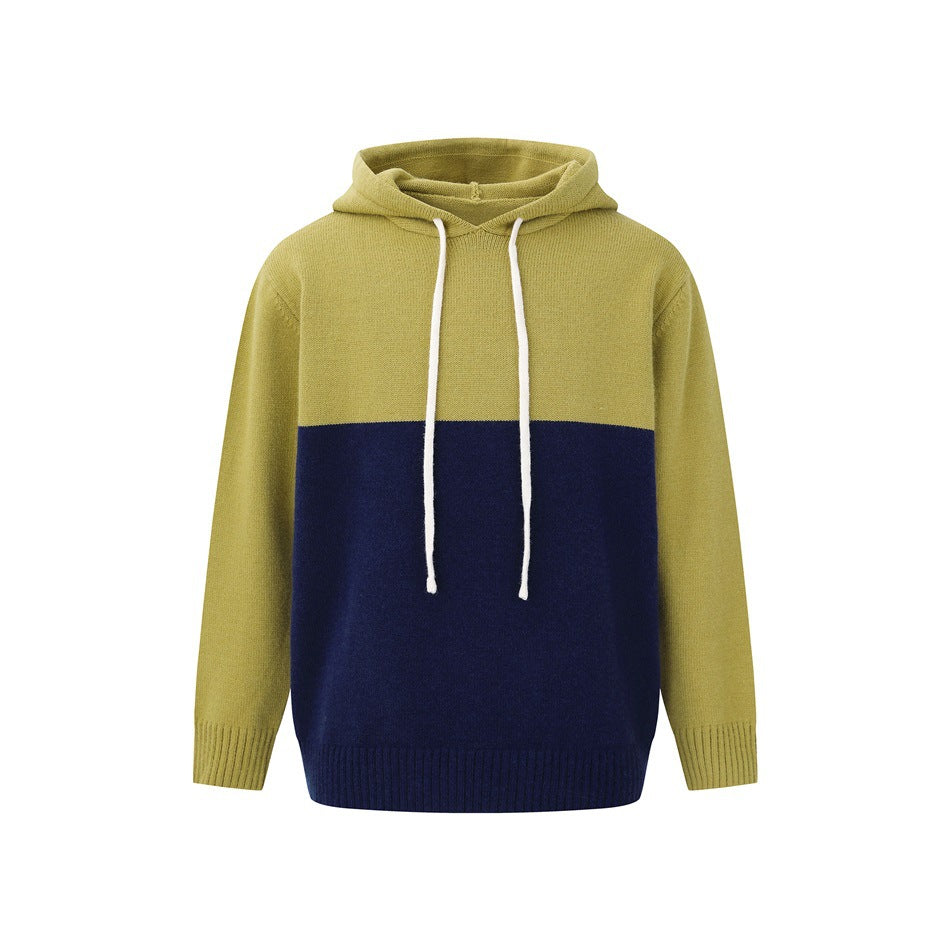 Mustard yellow and navy blue color-block knit hooded sweater with white drawstrings, front flat view