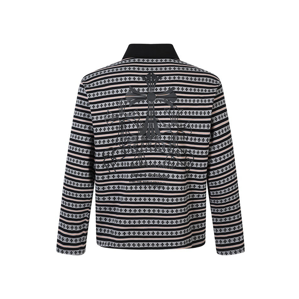 Back view of black striped long-sleeve polo shirt with large cross graphic and text print