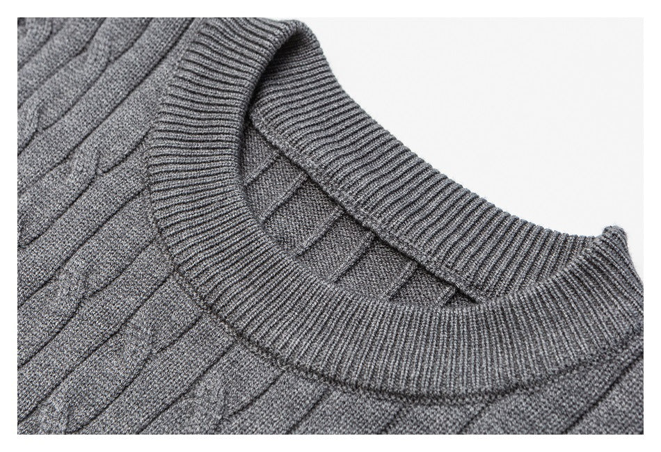 Close-up of the ribbed crew neckline and cable-knit texture on a gray sweater.