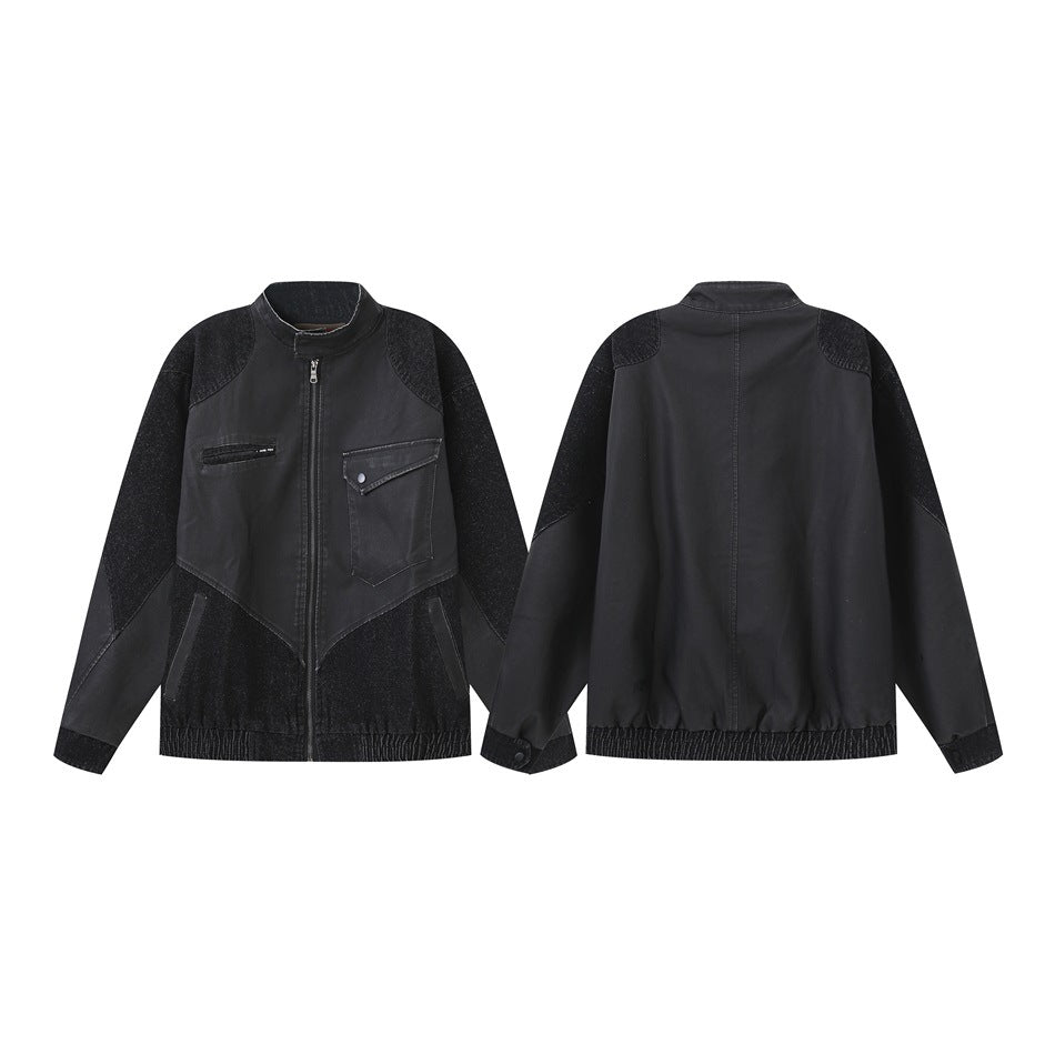 Front and back views of a black color-block jacket with a stand collar, pockets, full zipper, and gathered hem.