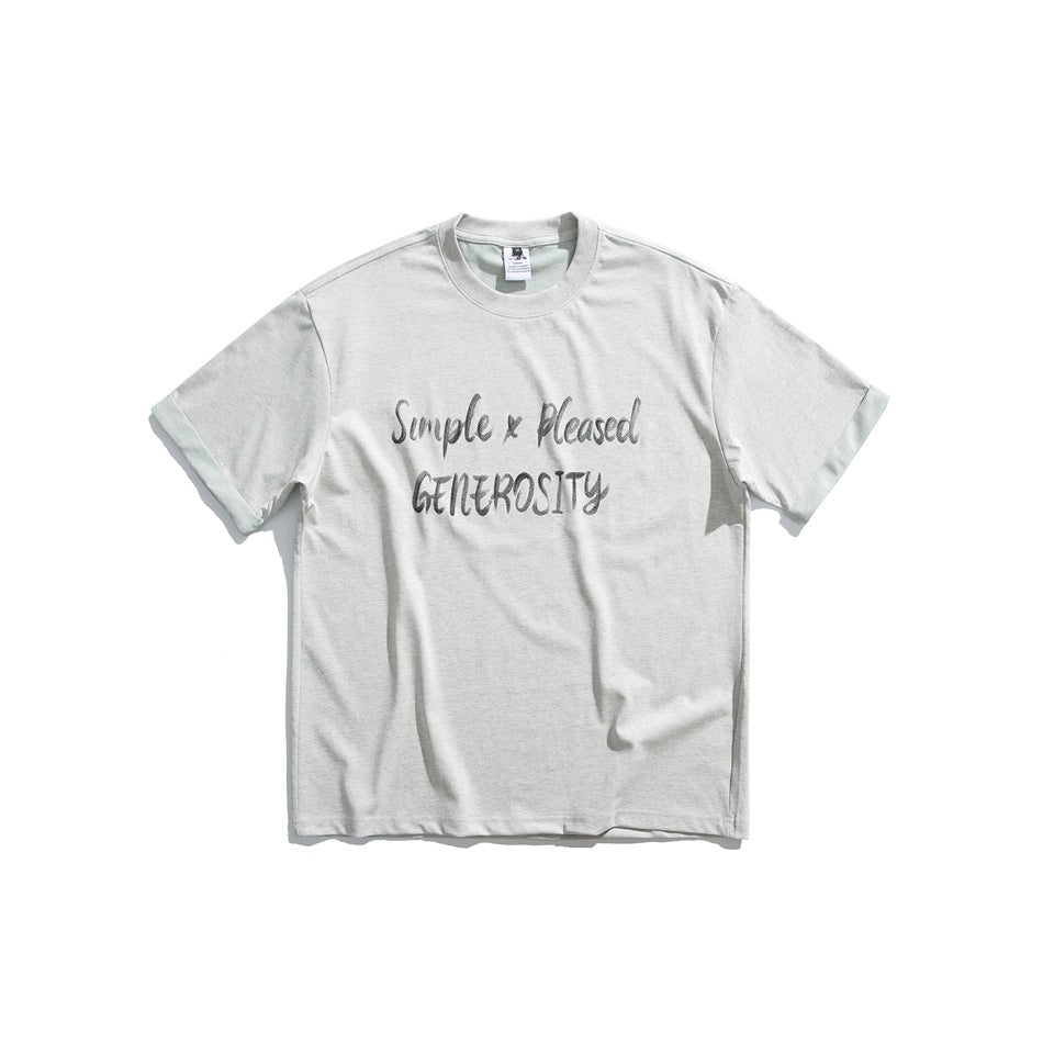 Light heather gray crew-neck T-shirt with rolled sleeve cuffs and a dark script chest print, flat lay