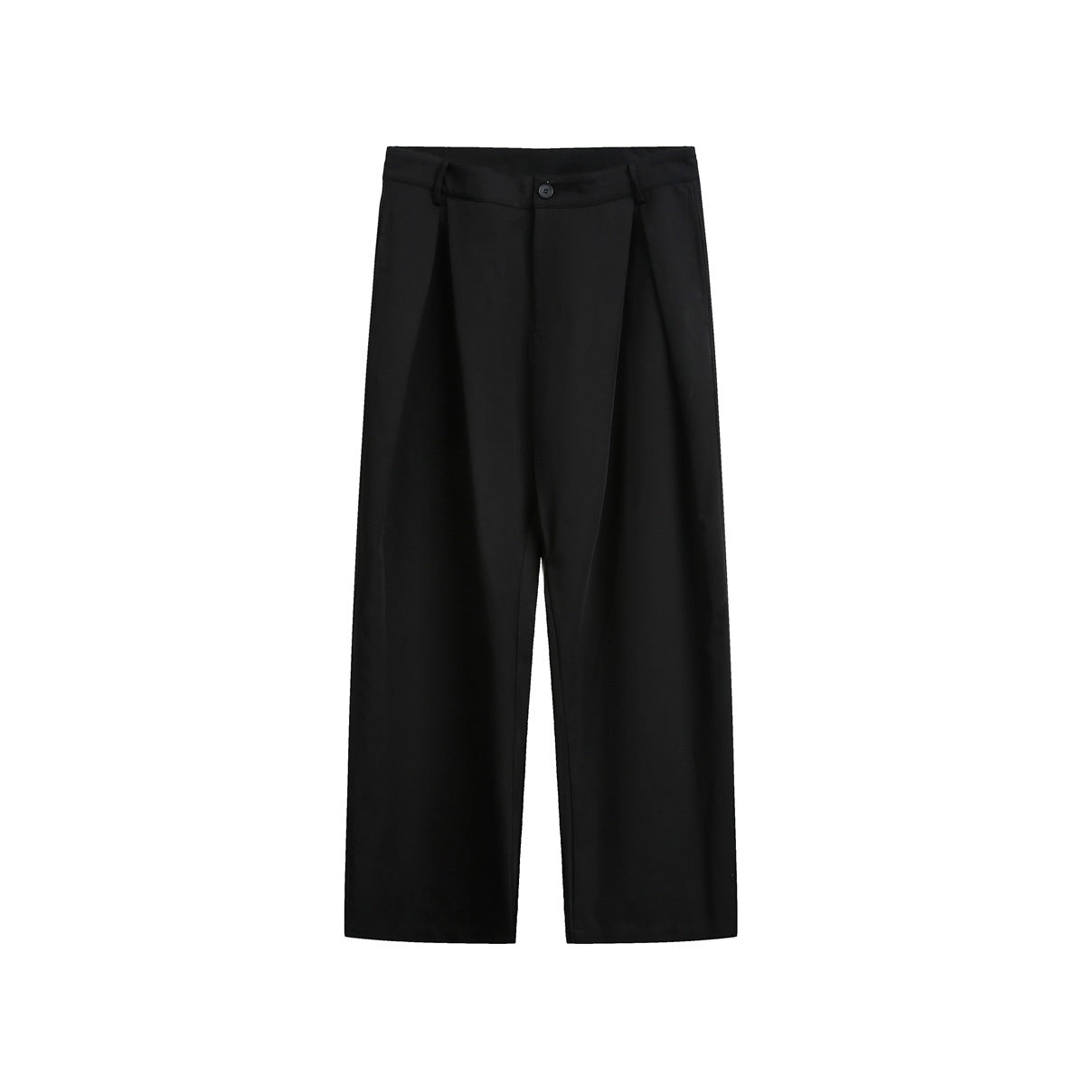 Black pleated wide-leg trousers, flat front view with button waistband